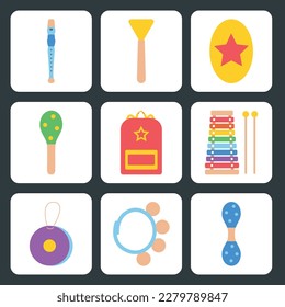 Hand drawn toy musical instruments for kids. Flat vector illustration for stickers. Clipart isolated on white background