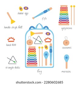 Hand drawn toy musical instruments for kids with backpack. Flat vector illustration. Clipart isolated on white background