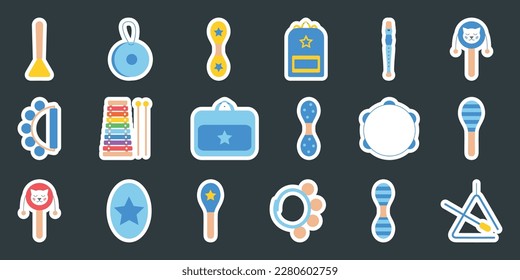 Hand dibujó instrumentos musicales de juguete para los niños. Ilustración vectorial plana para pegatinas. Clipart aislada en fondo blanco