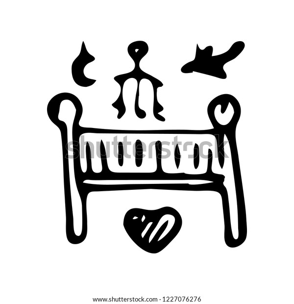 Hand drawn toy over the crib doodle. Sketch\
children\'s toy icon. Decoration element. Isolated on white\
background. Vector\
illustration.