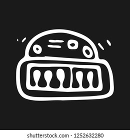 Hand drawn toy piano doodle. Sketch children's toy icon. Decoration element. Isolated on black background. Vector illustration.