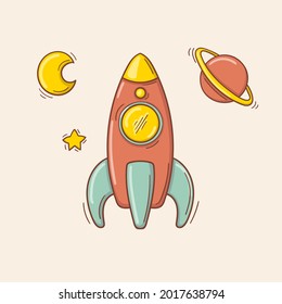 Handgezeichnet, rot-blaue Rakete mit einer halben Mond-, Stern- und Planetenhalle