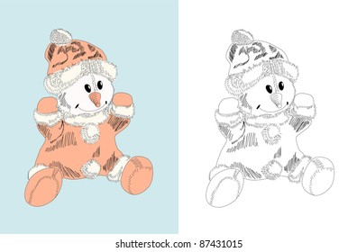 Hand drawn toy - snowman, doll - coloring book