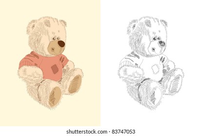 Hand drawn toy - teddy - coloring book