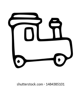Hand drawn toy train doodle. Sketch children's toy icon. Decoration element. Isolated on white background. Vector illustration.