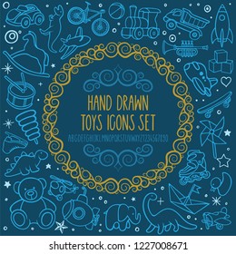 Hand drawn toys background with text area. Toys sketch drawing pattern.
Hand lettering alphabet and design decorative elements.