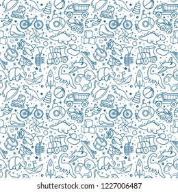 Hand drawn toys seamless background. Toys sketch drawing pattern.