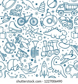 Hand Drawn Toys Seamless Background. Toys Sketch Drawing Pattern.