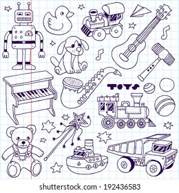 Hand drawn toys set 2. School notebook. Vector illustration.