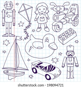 Hand drawn toys set 4. Vector illustration. School notebook.