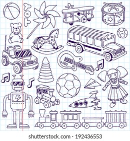 Hand drawn toys set. School notebook. Vector illustration.