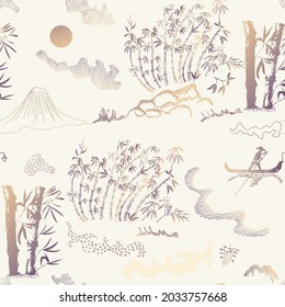 Hand drawn traced Bamboo stalks, leaves, moon, mountain, river, sailing boat. Vector seamless pattern of sketches in Japanese and Chinese nature ink illustration tradition 