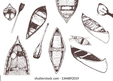 hand drawn traced collection of monochrome canoes isolated on white.