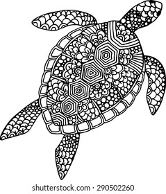 Hand drawn and traced vector doodle turtle illustration decorated with abstract doodles
