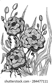 Hand drawn and traced vector illustration of stylized ornamental flowers poppies