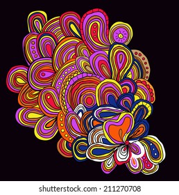Hand drawn tracery. Lines pattern with many elements. Black background.