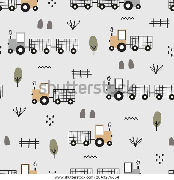Hand drawn tractor\
for kids seamless car pattern on white background Cute design in\
cartoon style. Use for printing wallpaper, fabric, textile,\
fashion, vector\
illustration.