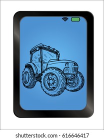 Hand drawn tractor on background plate. Vector illustration. 