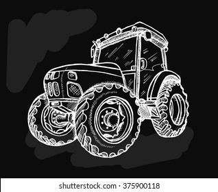 Hand drawn tractor on black background. Vector illustration. 