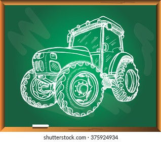 Hand drawn tractor on chalkboard background. Vector illustration. 