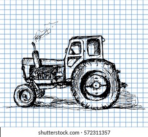 Hand drawn tractor on copybook background. Vector illustration. 