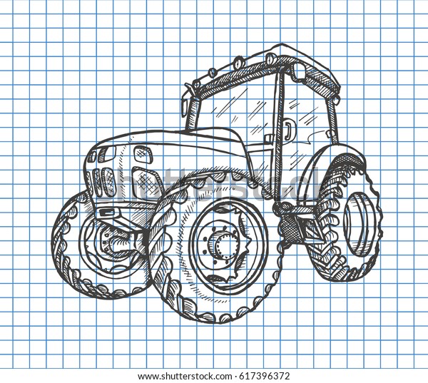 Hand drawn tractor on copybook background. Vector\
illustration. 