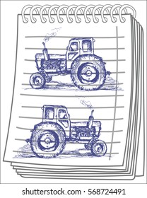 Hand drawn tractor on notebook background. Vector illustration. 