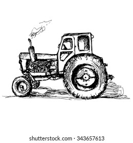 Hand drawn tractor on white background. Vector illustration. 