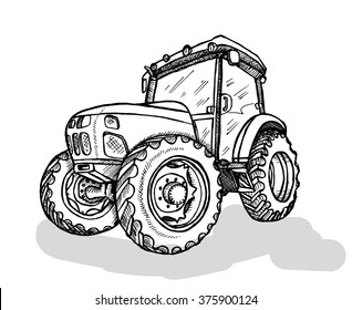 Hand drawn tractor on white background. Vector illustration. 