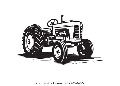 Hand drawn tractor silhouette. Monochrome white background