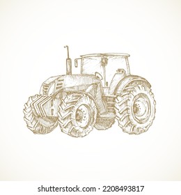 Ilustración del vector del tractor dibujado a mano. Dibujo de estilo de grabado de máquinas agrícolas. Doodle moderno para vehículos de producción de cultivos. Aislado