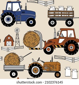 Hand drawn tractors and farmhouse seamless vector pattern. Perfect for textile, wallpaper or print design.