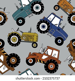 Hand drawn tractors seamless vector pattern. Perfect for textile, wallpaper or print design.