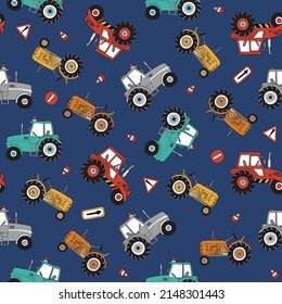 Hand drawn tractors seamless vector pattern. Perfect for textile, wallpaper or print design.