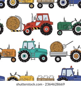 Hand drawn tractors seamless vector pattern. Perfect for textile, wallpaper or print design.