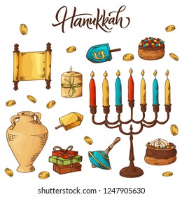 Hand drawn traditional Chanukah symbols in sketch style. Jewish holiday Hanukkah greeting card. Vector illustartion.