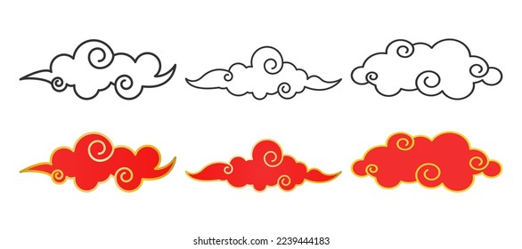 Hand drawn traditional Chinese clouds. Red and outline clouds collection. Lunar new year decorative element.