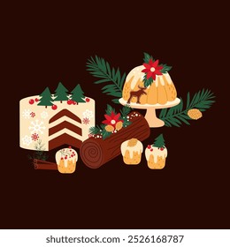 Hand drawn traditional Christmas decorated cakes and sweets composition. Vector illustration on dark chocolate background.