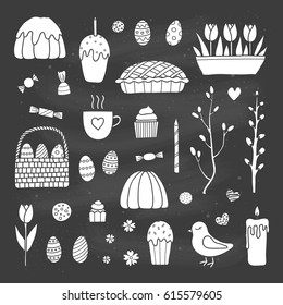 Hand drawn traditional easter items including colored eggs, tulips, glazed cake, candle, bird and pussy willow isolated on chalkboard background.
