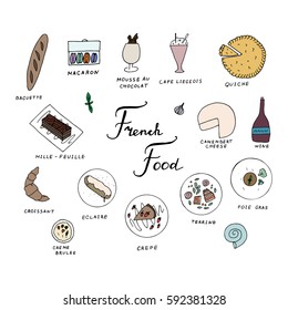 Hand drawn traditional french cuisine menu. French food with baguette, macaron, cafe liegeois, mille feuille, eclaire, camembert cheese, croissant, creme brulee, crepe, terrine, foie gras, wine. 