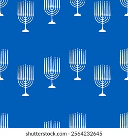 Hand drawn traditional Hanukkah menorah seamless pattern in blue and white colors