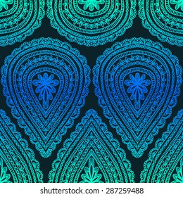 Hand drawn traditional Indian decorative elements. Henna doodles seamless repeat pattern in blue and green ombre colors.