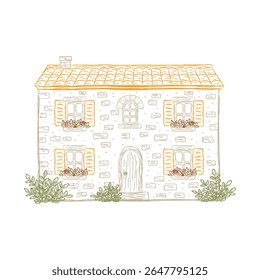 Casa de pedra tradicional italiana desenhada à mão com telhado de azulejos, persianas e vasos de flores. Ilustração de vetor de esboço de arte de linha para cartaz de viagem vintage, impressão de decoração, cartões.
