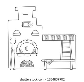 Hand drawn traditional Russian stove with bed and bench. A grip and poker tool are leaning against the stove. Vector illustration in doodle style on white background