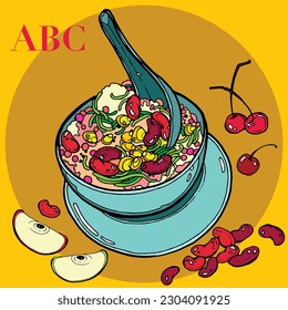Hand drawn traditional shaved ice dessert ABC in a bowl with fresh fruits around the bowl, Asian dish cafe menu