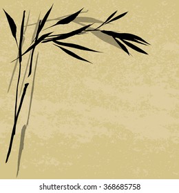 Hand drawn traditional sumi-e background with bamboo. Vector background. Black ink drawing on a beige background.