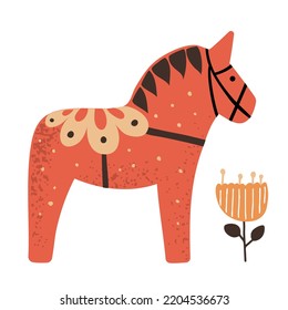 Hand drawn traditional Swedish Dala horse , isolated on white background vector illustration in flat style