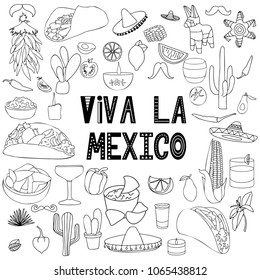 Hand drawn traditional symbols. Design elements about Mexico. Vector illustration clip art