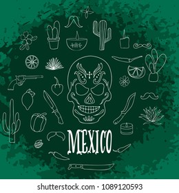 Hand drawn traditional symbols. Design elements about Mexico. Vector illustration clip art
