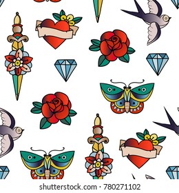 Hand drawn traditional tattoos. Colored graphic vector seamless pattern